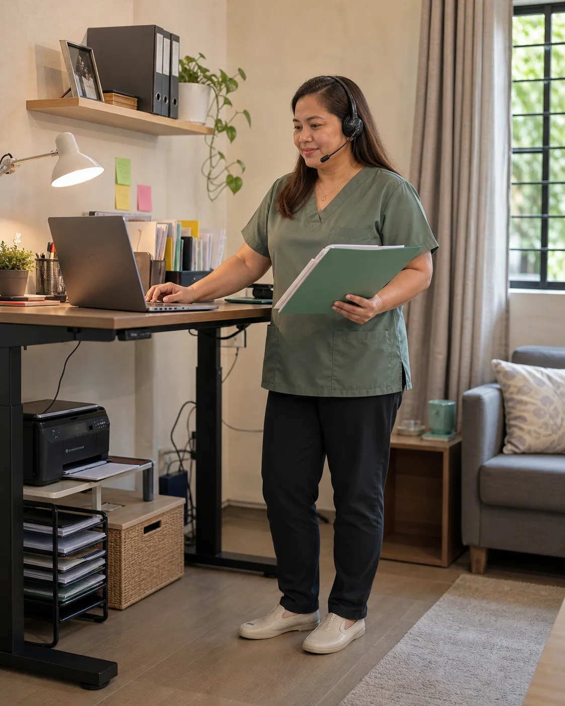 Filipino billing and records assistant in scrubs standing beside a home workstation with folders and a laptop.