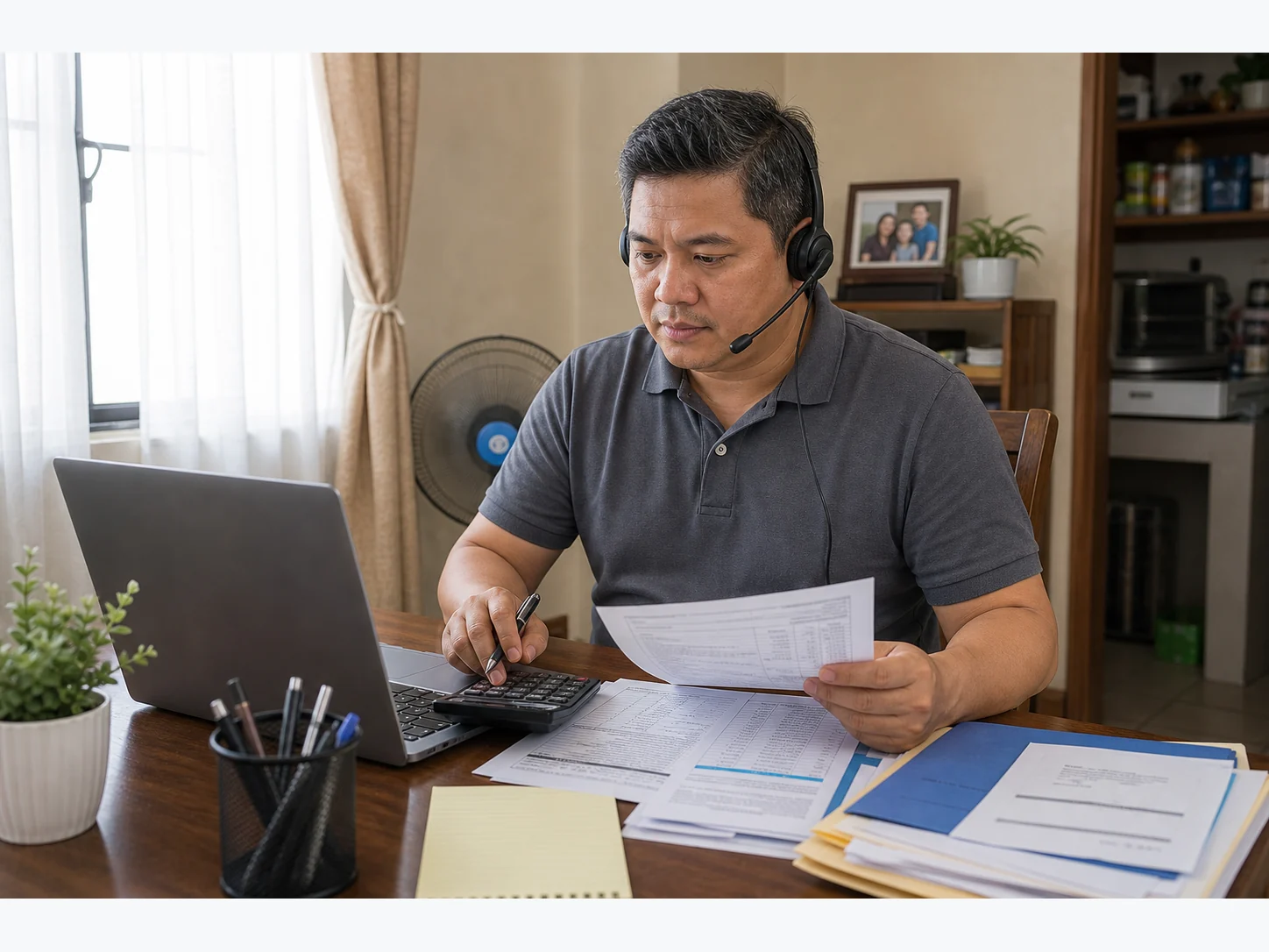 Filipino billing and insurance virtual assistant in a gray polo working from a modest dining-table home office with paperwork, calculator, laptop, and headset.