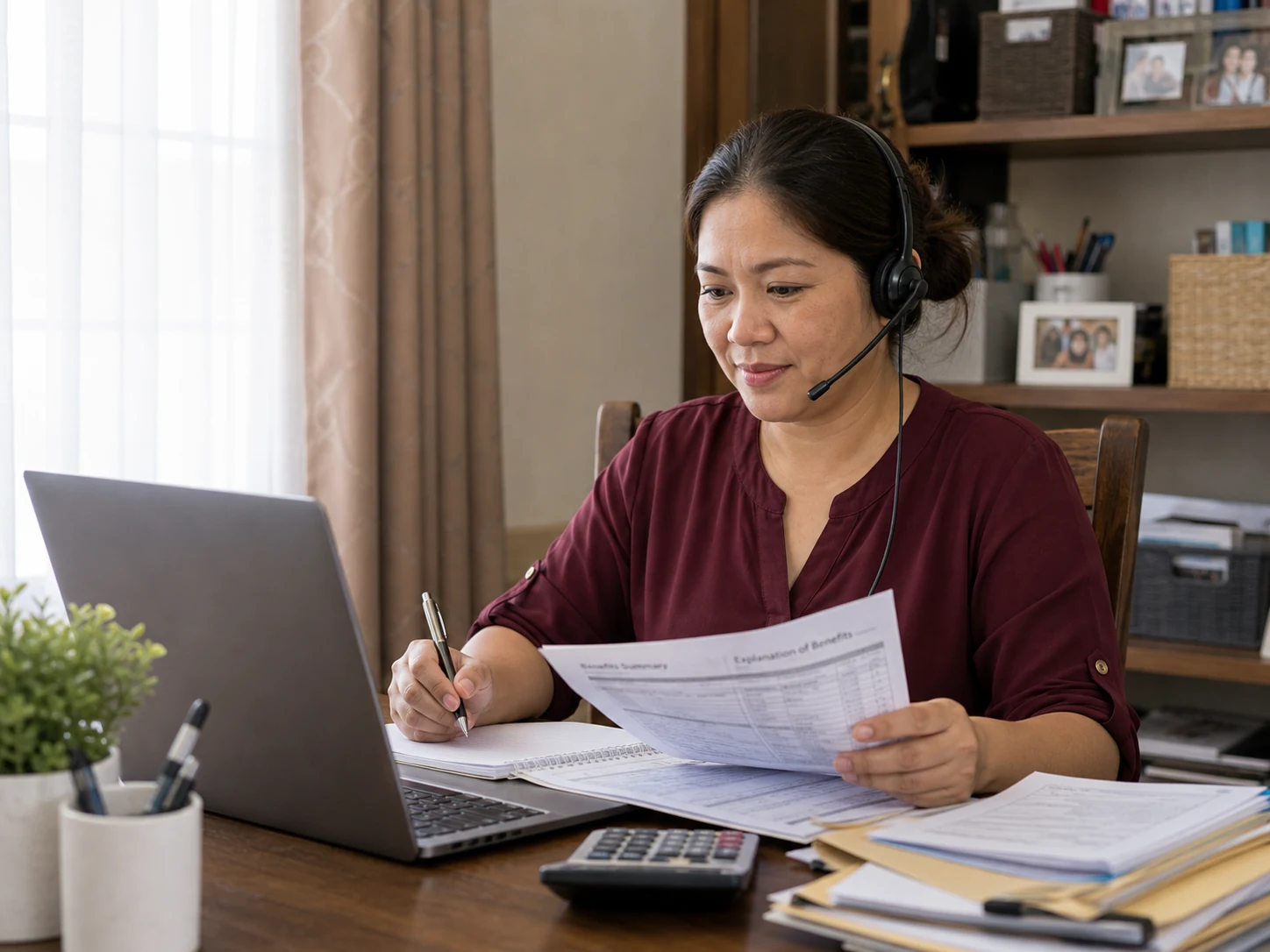 Filipino billing and insurance virtual assistant working from a modest dining-table home office with paperwork, calculator, laptop, and wired headset.
