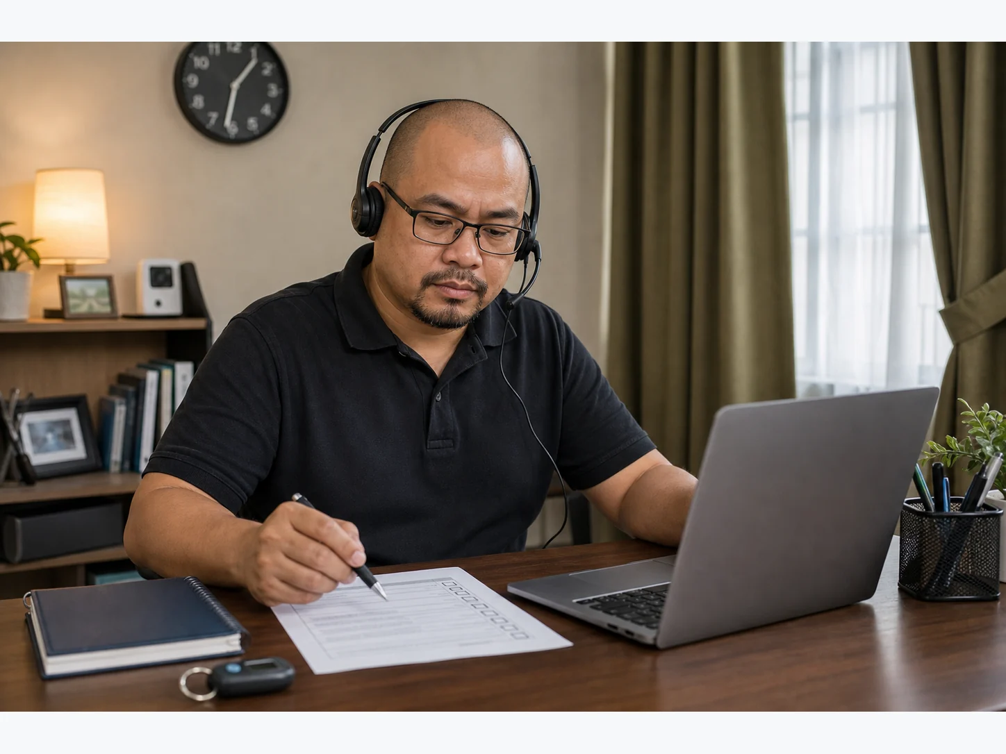 Filipino compliance support virtual assistant in a black polo reviewing access controls and security notes at a home desk.