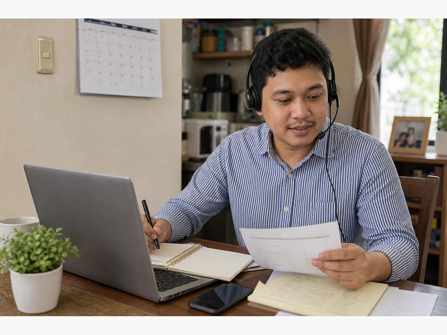 Filipino consultation coordinator in a striped shirt organizing call notes from a dining-table home workspace.