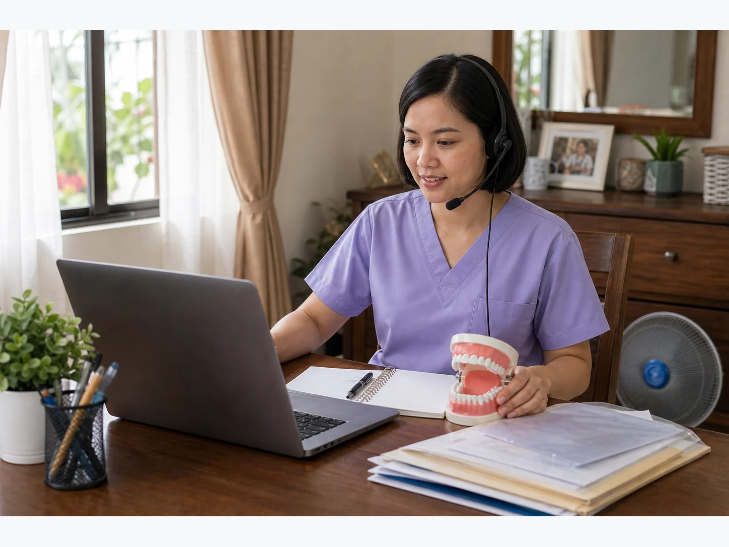 Filipina dental virtual assistant in lavender scrubs working from a modest dining-table home office with a laptop, headset, dental model, and notebook.
