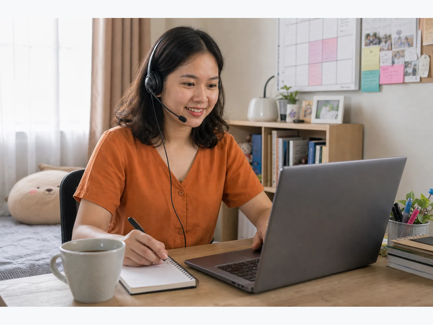 Filipina FAQ support virtual assistant in an orange blouse answering questions from a modest bedroom desk.