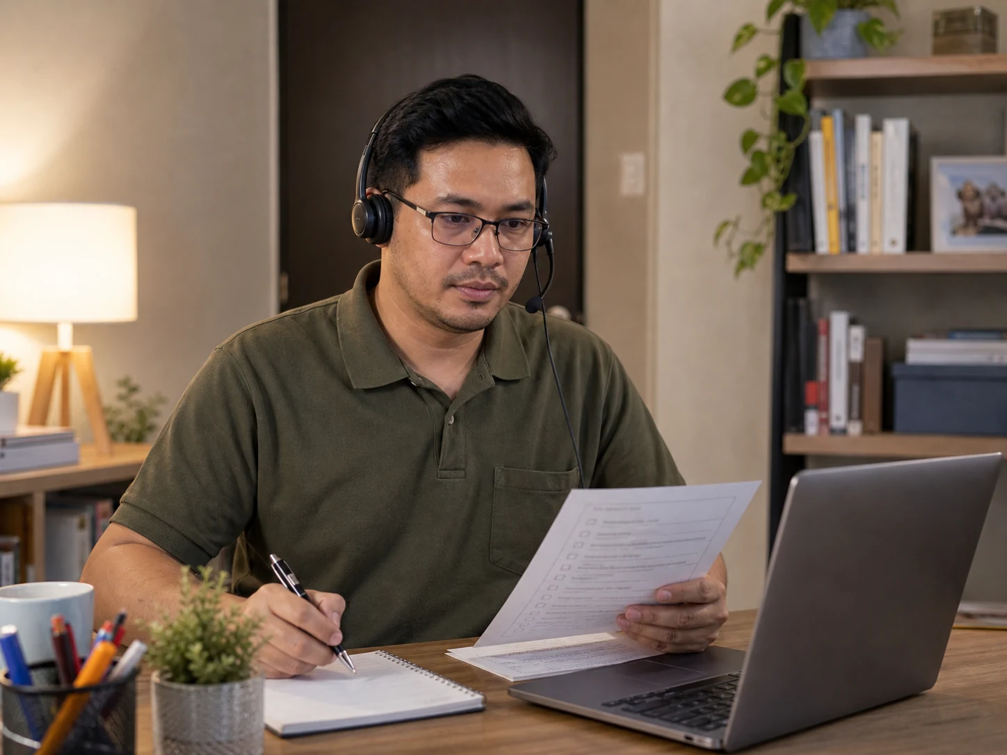 Filipino mental health intake virtual assistant working from a private apartment desk with a laptop, headset, warm lamp, and printed intake forms.