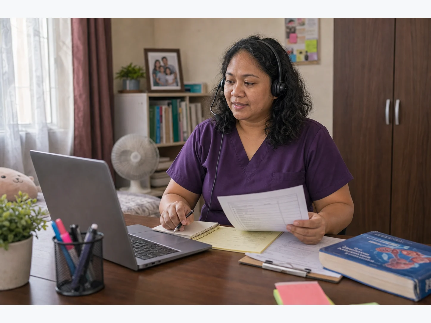 Filipina medical virtual assistant in purple scrubs working from a modest bedroom desk with a laptop, headset, follow-up checklist, and small fan.