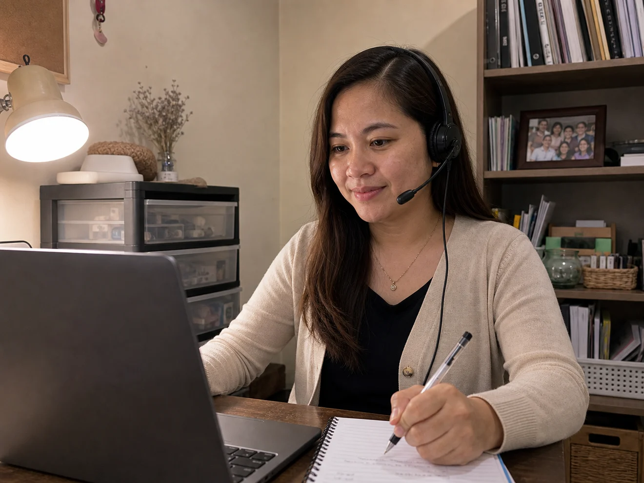 Filipina healthcare virtual assistant in a cream cardigan reviewing onboarding notes from a warm private home desk.