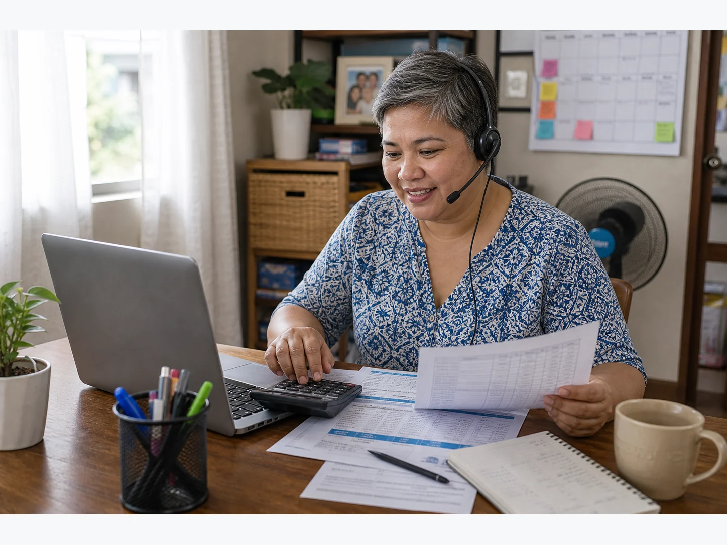 Filipina healthcare pricing and billing planner with short salt-and-pepper hair reviewing paperwork and a calculator at a home workspace.