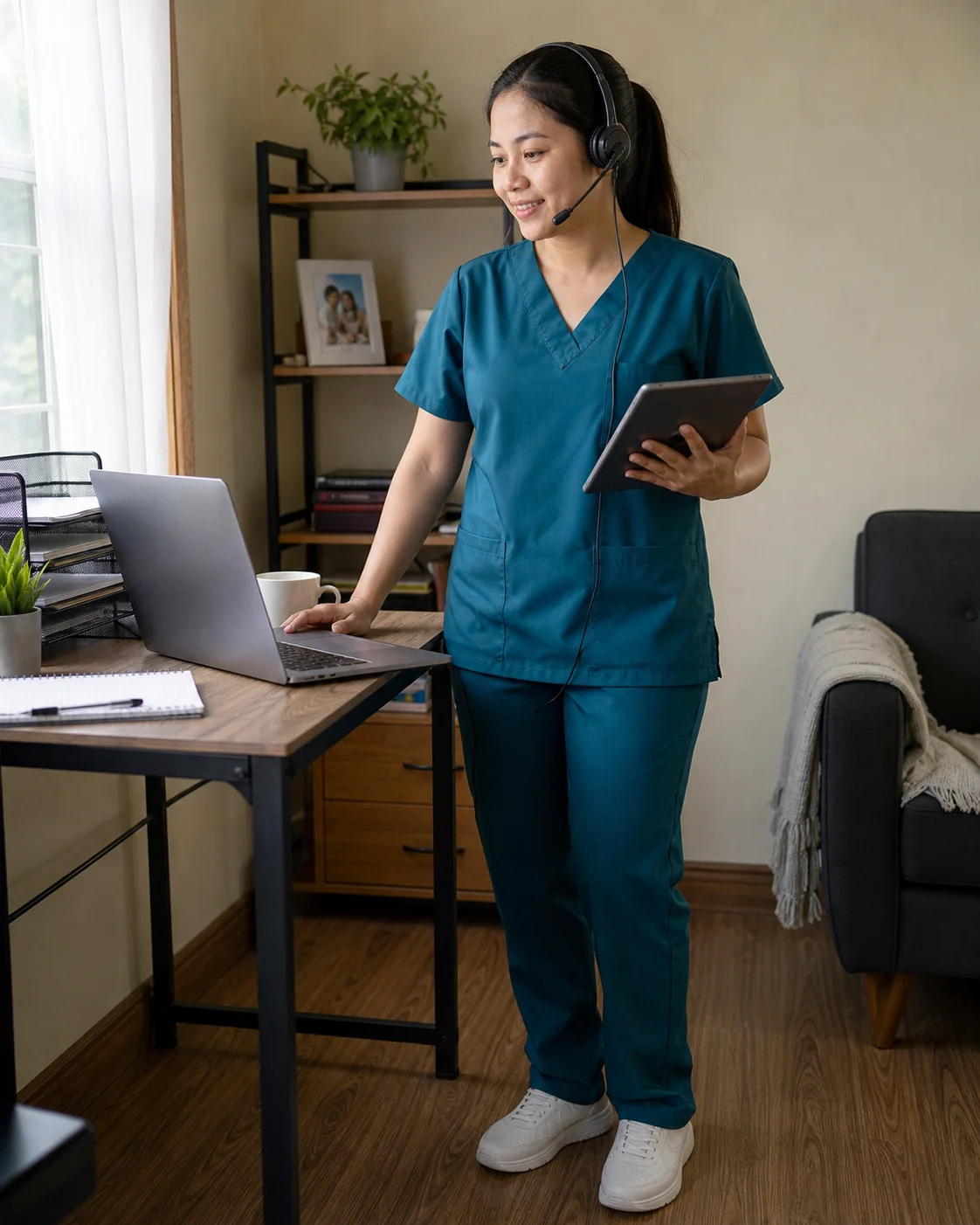 Filipino registered nurse virtual assistant in scrubs standing beside a home workstation while supporting medical charting workflows.