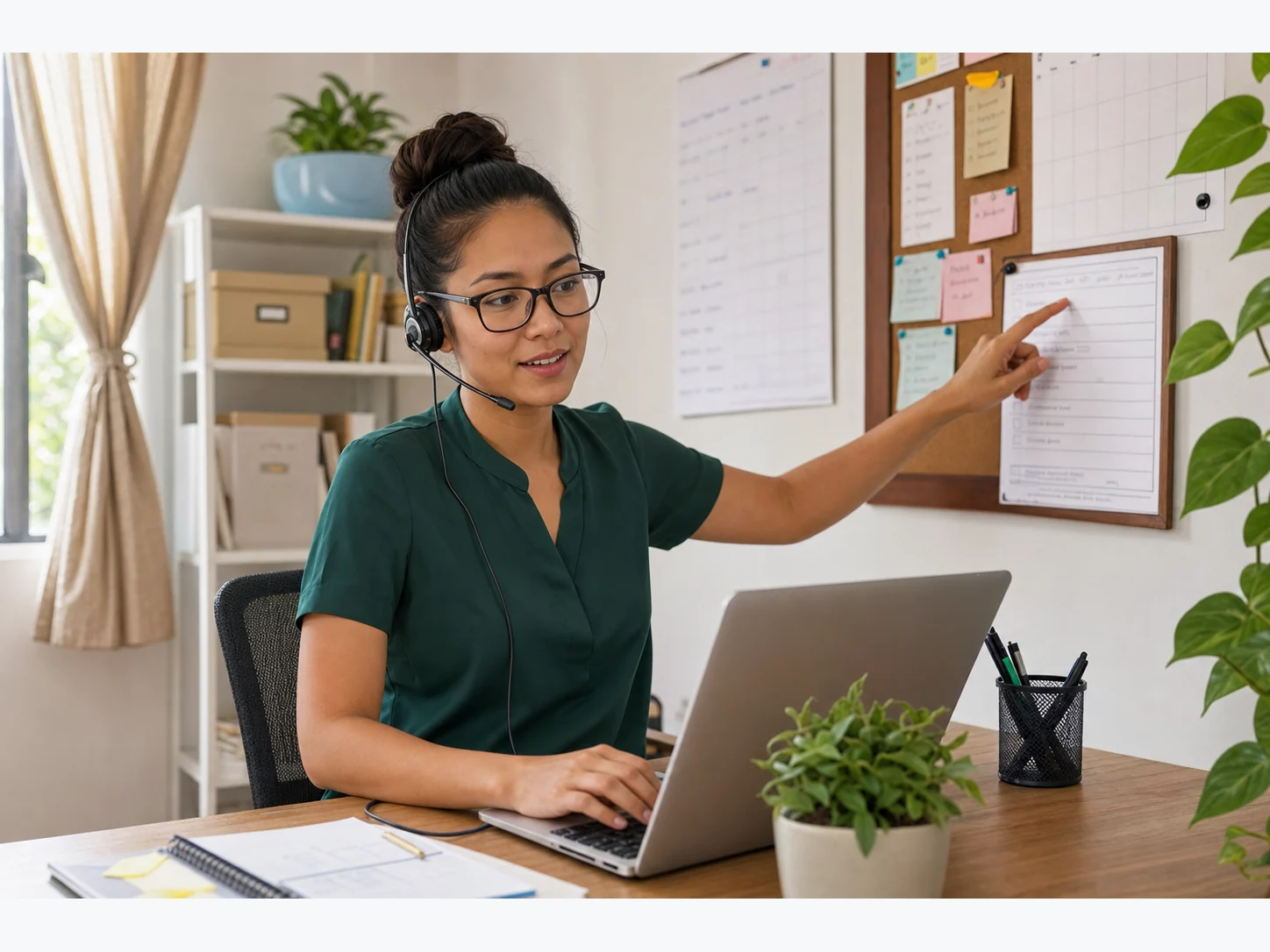 Filipina healthcare services coordinator in a green blouse reviewing a task board from an organized home office.