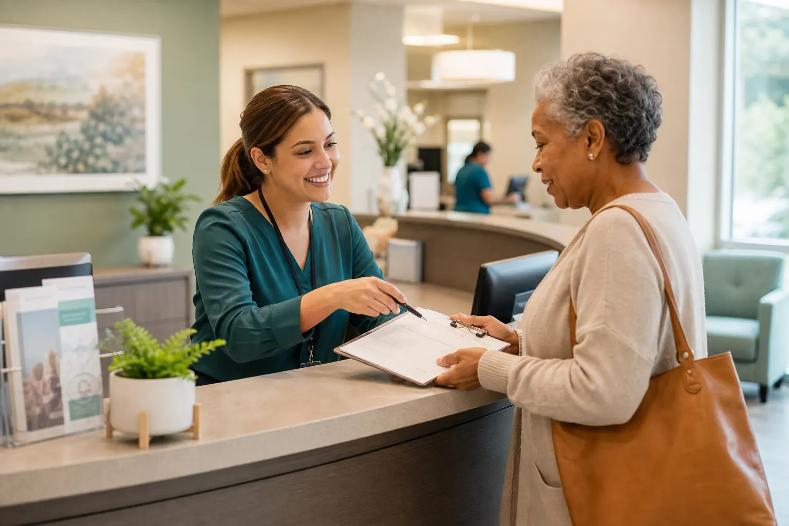 Clinic front desk with patient check-in activity while remote support helps protect the schedule.